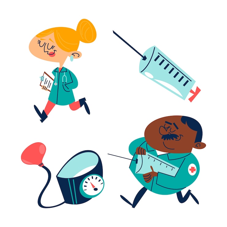 Free Vector retro cartoon doctors and equipment stickers set