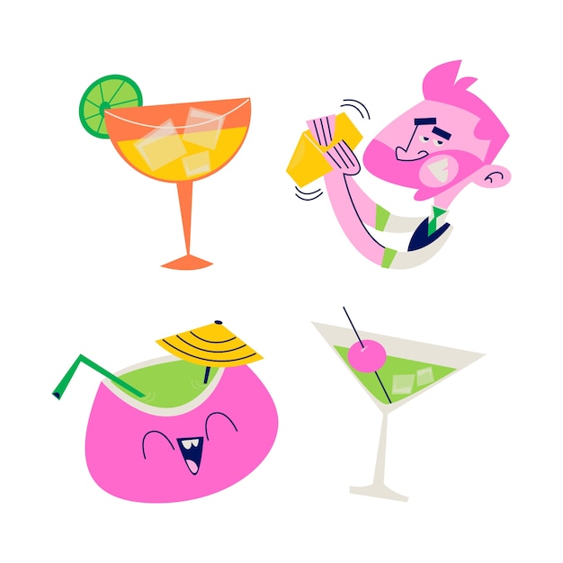 Free vector retro cartoon drinks stickers collection