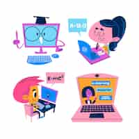 Free vector retro cartoon e-learning stickers collection