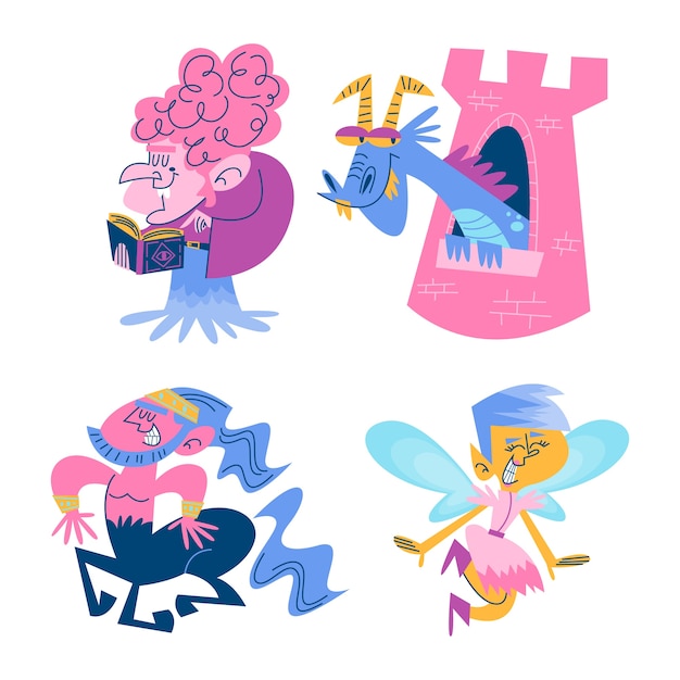 Free vector retro cartoon fairy tale stickers collection