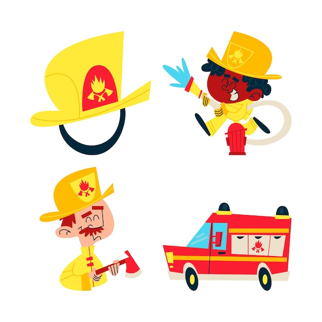 Vettore gratuito collezione di adesivi pompiere retrò dei cartoni animati