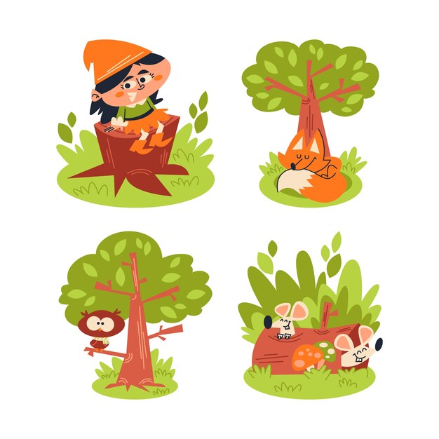 Retro cartoon forest stickers collection