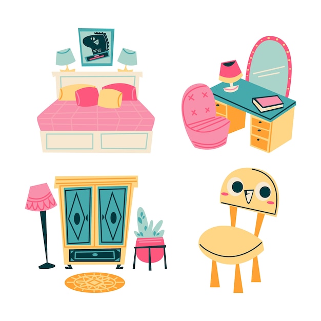 Free vector retro cartoon furniture stickers collection