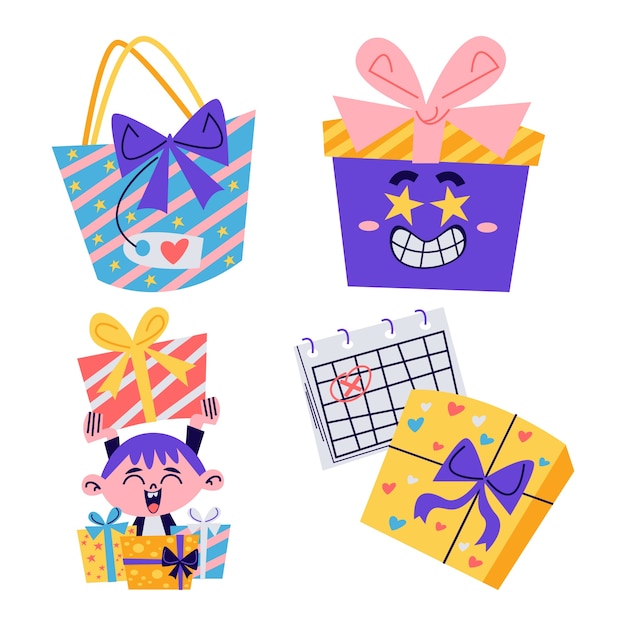 Free Vector retro cartoon gifts stickers collection