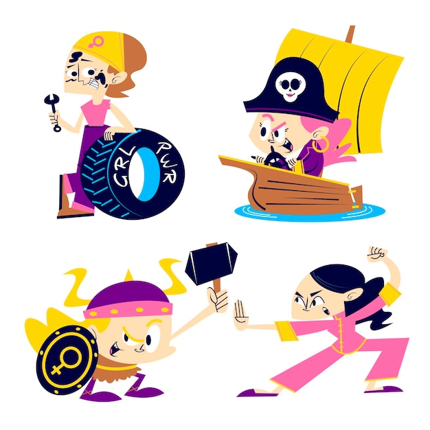 Free vector retro cartoon girl power sticker collection