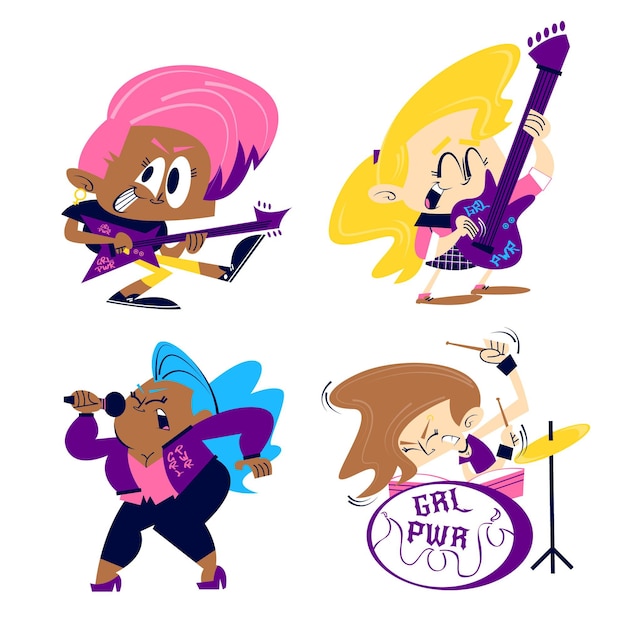 Free vector retro cartoon girl power sticker pack