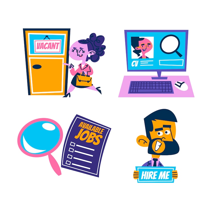 Free Vector retro cartoon job seeker stickers collection