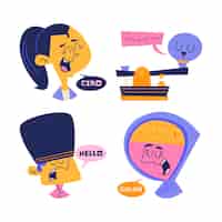 Free vector retro cartoon languages stickers collection