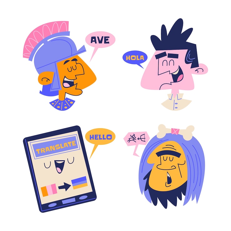 Free Vector retro cartoon languages stickers collection