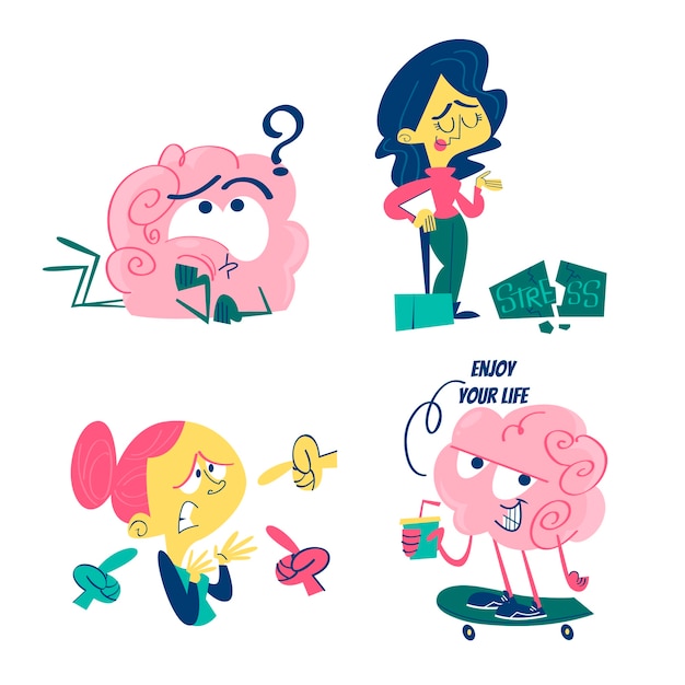 Retro cartoon mental health stickers collection