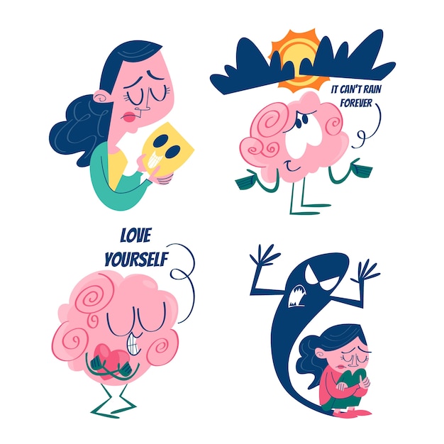 Retro cartoon mental health stickers collection