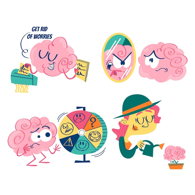 Retro cartoon mental health stickers collection