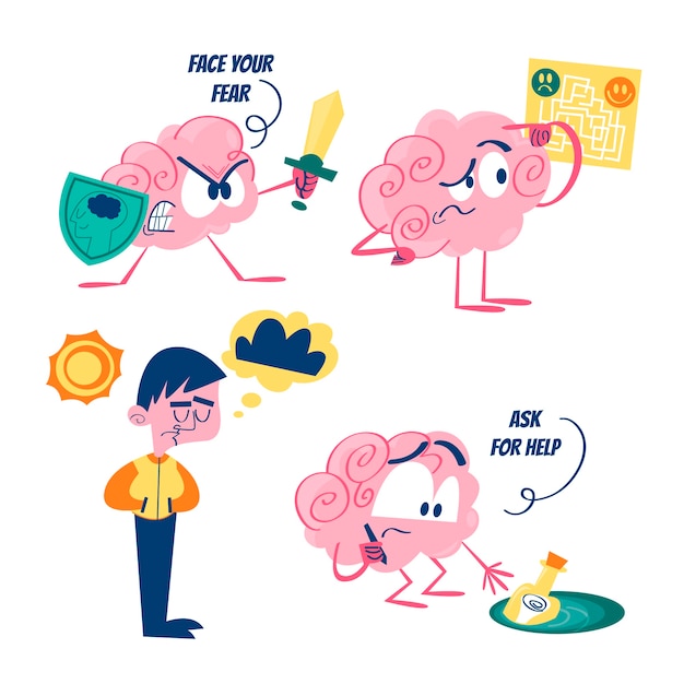 Free vector retro cartoon mental health stickers collection