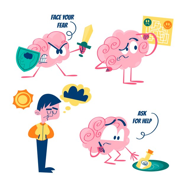 Retro cartoon mental health stickers collection