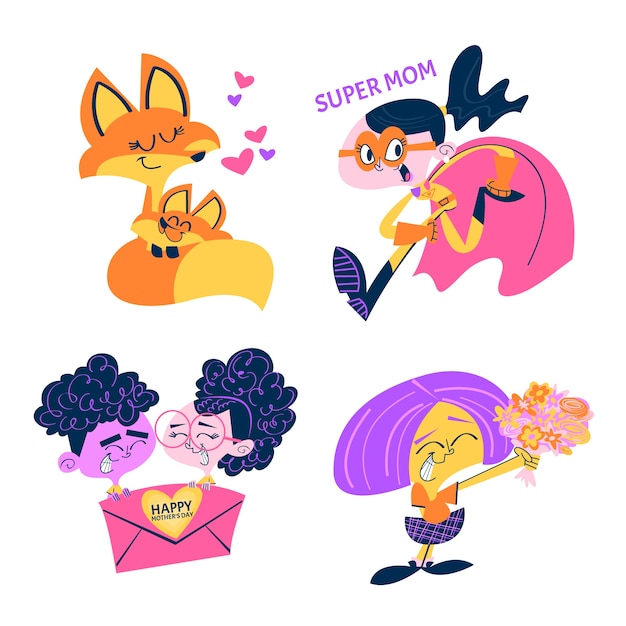 Free vector retro cartoon mothers day stickers collection