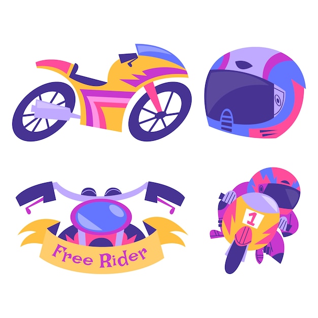 Free vector retro cartoon motorcycling stickers collection