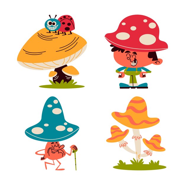 Free vector retro cartoon mushroom stickers collection