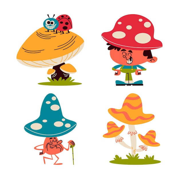 Free Vector retro cartoon mushroom stickers collection