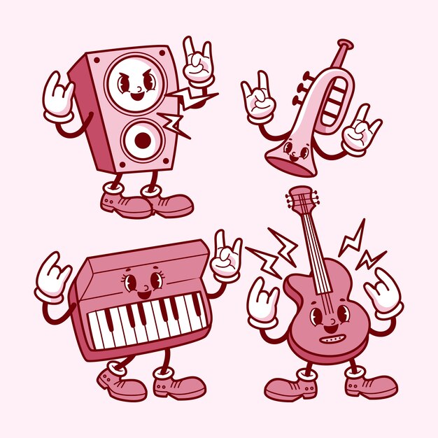 Retro cartoon music instrument characters illustration