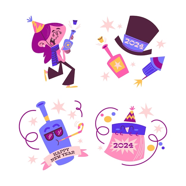 Free vector retro cartoon new year 2024 stickers collection