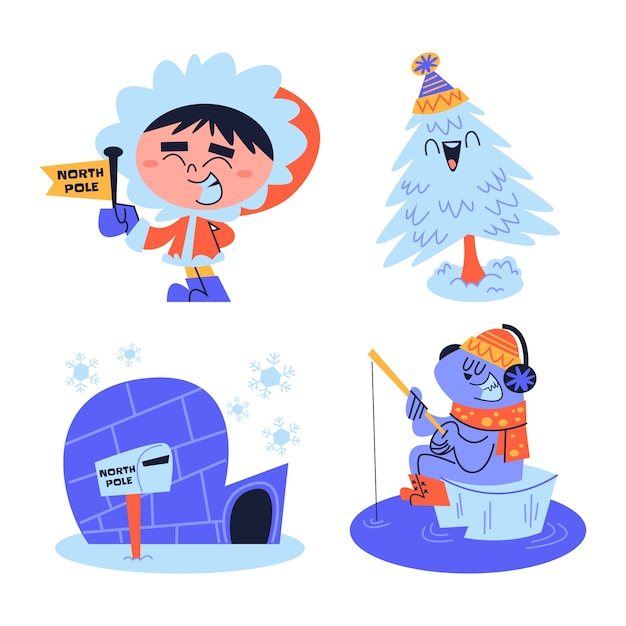 Retro cartoon north pole stickers collection