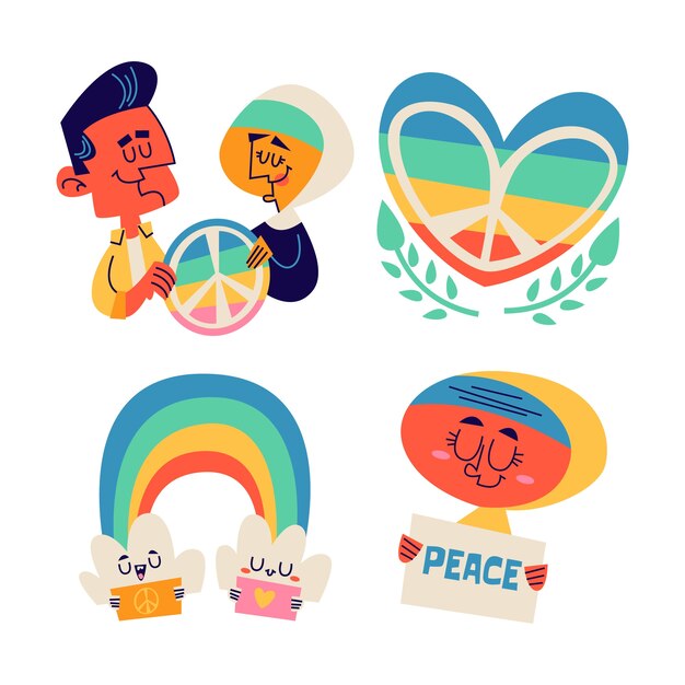 Free vector retro cartoon peace and tolerance stickers collection