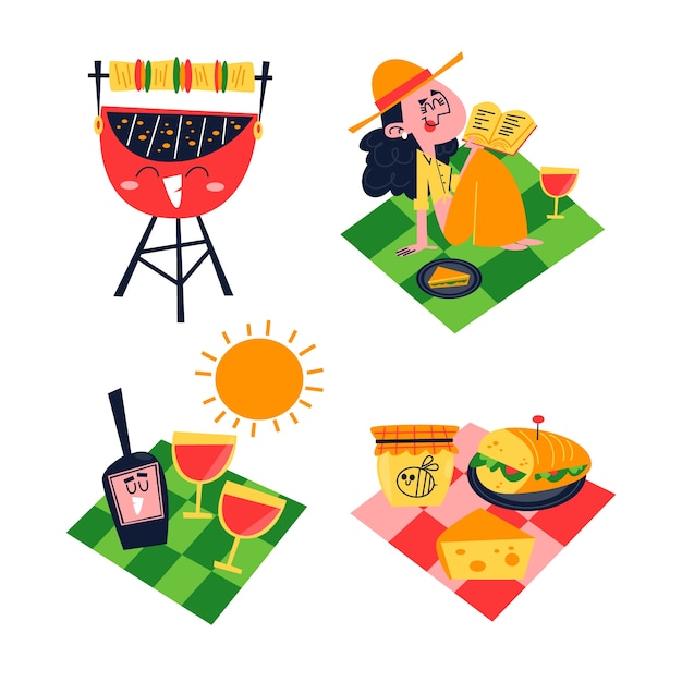 Free vector retro cartoon picnic stickers collection