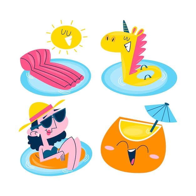 Retro cartoon pool party stickers