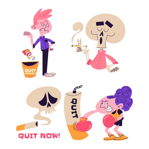 Free vector retro cartoon quit smoking stickers collection