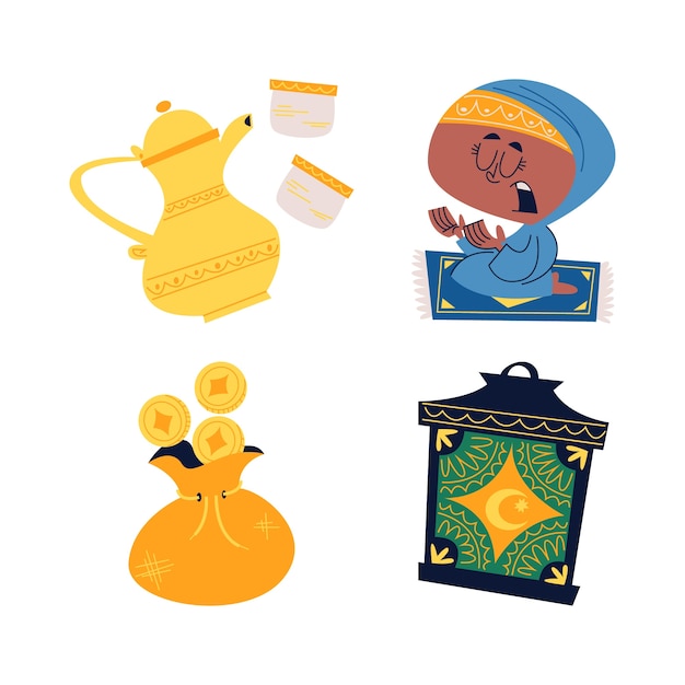 Free vector retro cartoon ramadan stickers collection