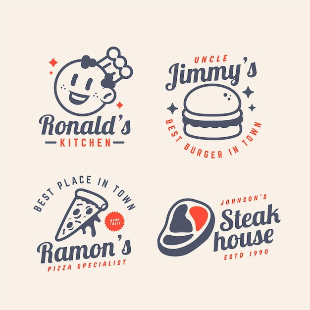 Free vector retro cartoon restaurant logo collection