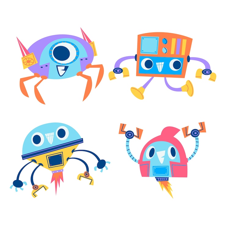 Free Vector retro cartoon robot stickers collection