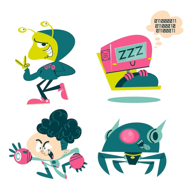 Retro cartoon science fiction sticker pack