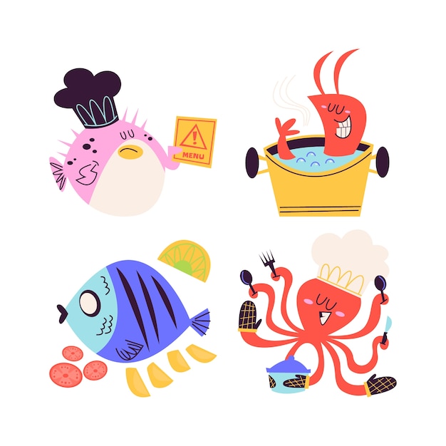 Retro cartoon seafood stickers collection