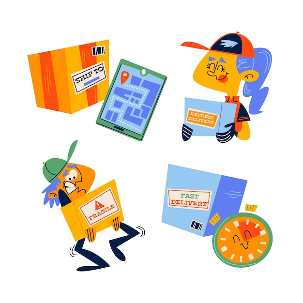 Free vector retro cartoon shipping and delivery stickers collection
