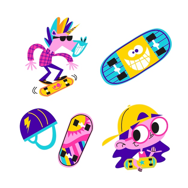 Free vector retro cartoon skateboarding stickers collection