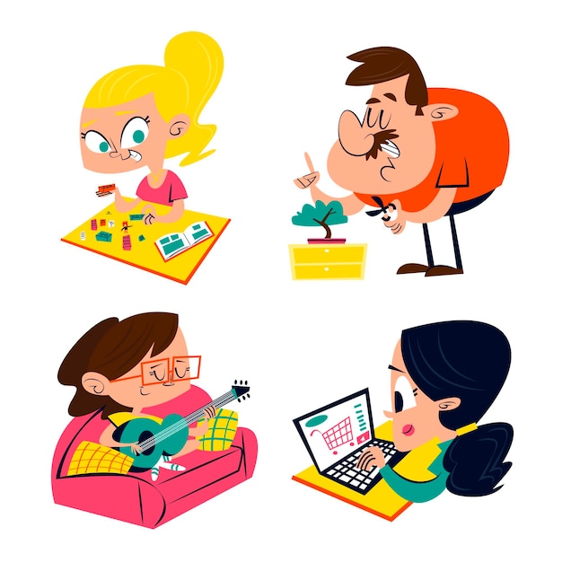 Free vector retro cartoon stay at home sticker pack