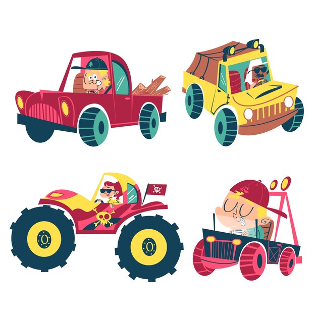 Retro cartoon stickers collection with cars
