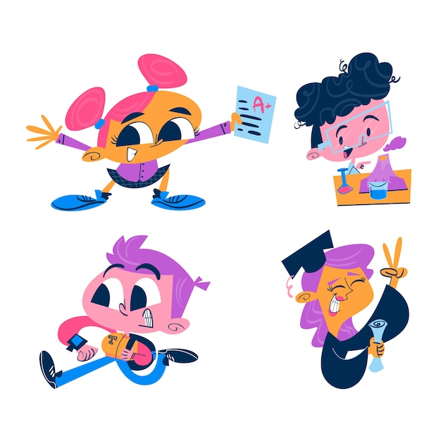 Retro cartoon students stickers collection