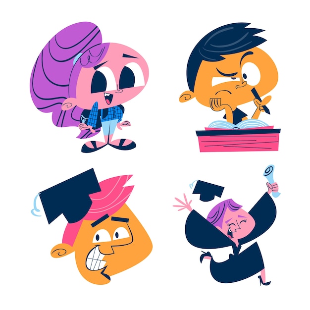 Free vector retro cartoon students stickers collection