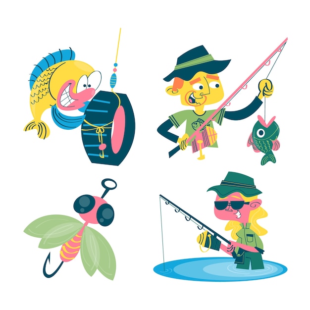 Free vector retro cartoon style fishing stickers