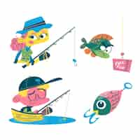 Free vector retro cartoon style fishing stickers