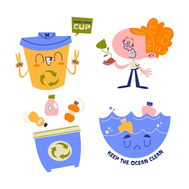 Free vector retro cartoon sustainability stickers collection