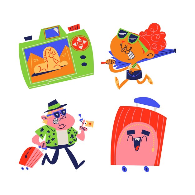 Free Vector retro cartoon tourism stickers collection