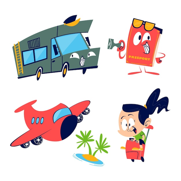 Retro cartoon travel stickers collection