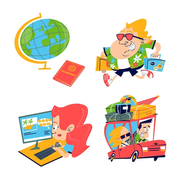 Retro cartoon travel stickers collection