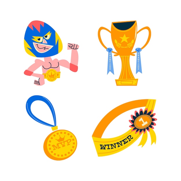 Free Vector retro cartoon trophies and awards stickers collection