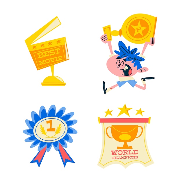Free Vector retro cartoon trophies and awards stickers collection