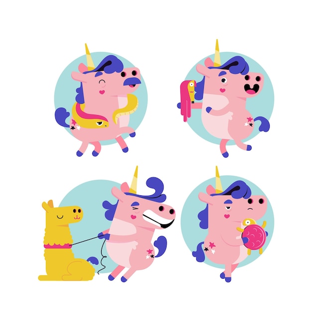 Free vector retro cartoon unicorn stickers collection