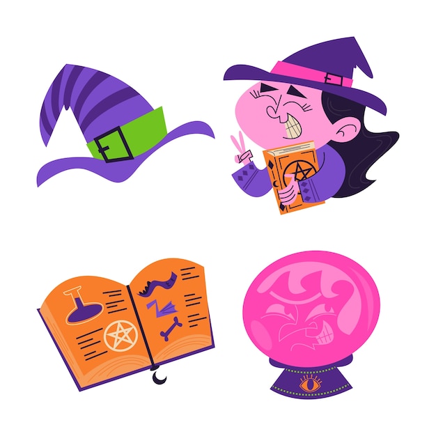 Free vector retro cartoon witchcraft stickers collection